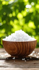 Wooden bowl of coarse salt on rustic table, bokeh green background