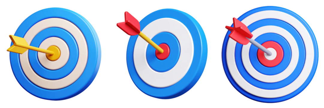 3D Plastic Style Target Icons Featuring Blue White and Red Concentric Circles with Arrows in Center Achieving Goal on Transparent Background - Powered by Adobe