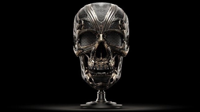 Intricate golden filigree covers a skull on a stemmed base, against black background