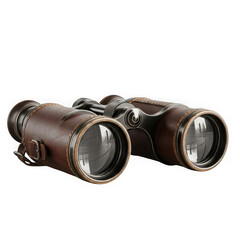 Vintage leather binoculars, an antique optical instrument for observation and exploration, isolated on transparent background