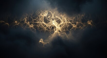A collection of ethereal golden figures and swirling patterns against a dark and cloudy background scene