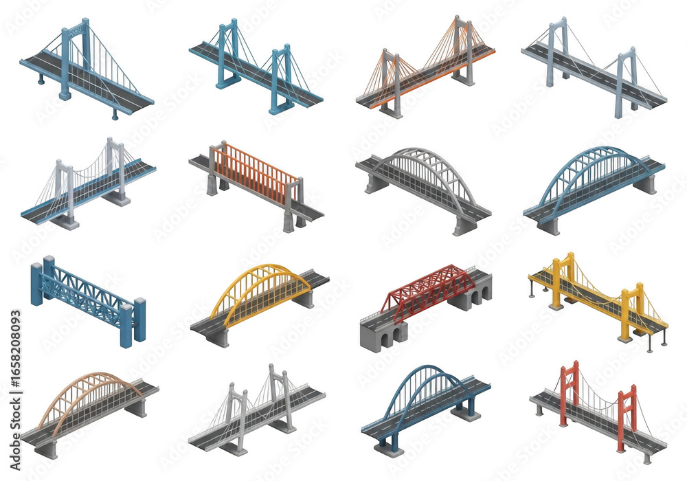 Poster 3d collection of various bridge architectures isolated on transparent background for design projects