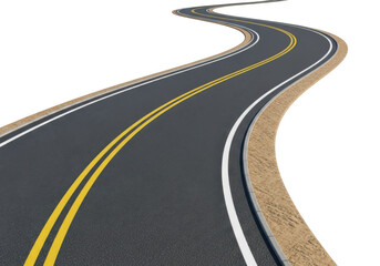 Winding asphalt road with yellow lines isolated on transparent background