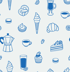Seamless pattern of sweets and drinks. Line art, ink, minimalist style. Vector illustration. Food collection.