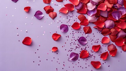 red and purple glitter rose petals confetti on lave