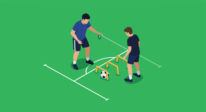 Trainer guiding soccer player drill with hurdles & ball on field, isometric view
