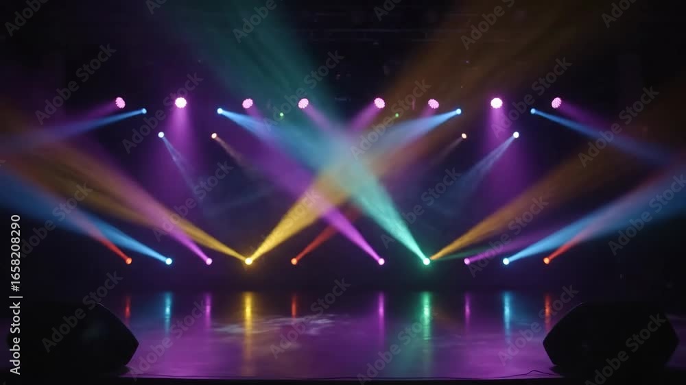 Poster vibrant stage lighting concert background - colorful stage lighting beams illuminate an empty stage,