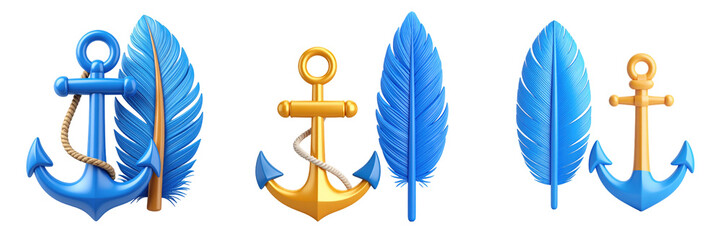 3D Plastic Style Icon Featuring Blue Feather And Gold Anchor Decorative Elements Against Transparent Background