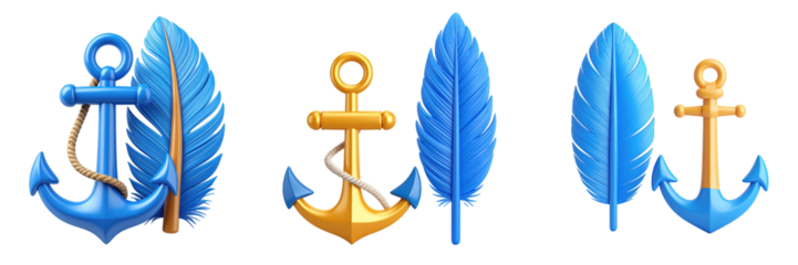 3D Plastic Style Icon Featuring Blue Feather And Gold Anchor Decorative Elements Against Transparent Background