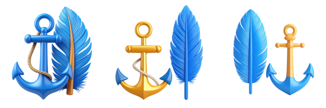 3D Plastic Style Icon Featuring Blue Feather And Gold Anchor Decorative Elements Against Transparent Background