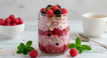 Delicious overnight oats parfait with berries, mint, and a cup of tea, perfect for a healthy breakfast. A beautiful and vibrant display of healthy food
