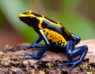 Fototapeta premium Dyeing Poison Frog on Mossy Log, Black and Yellow Pattern, Blue Legs