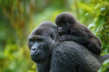 Fototapeta premium Gorilla mother carries her infant on her back amidst lush green foliage