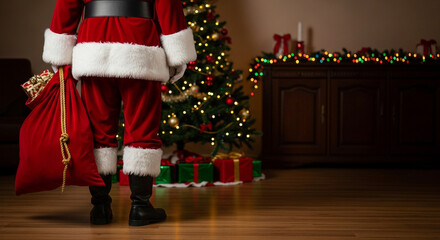 Santa Claus has arrived with his big red sack of gifts a magical Christmas scene showing his boots in a cozy living room ready to deliver holiday cheer to all