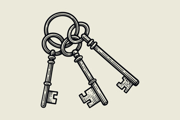 Vintage keys on ring engraving style black on white vector illustration