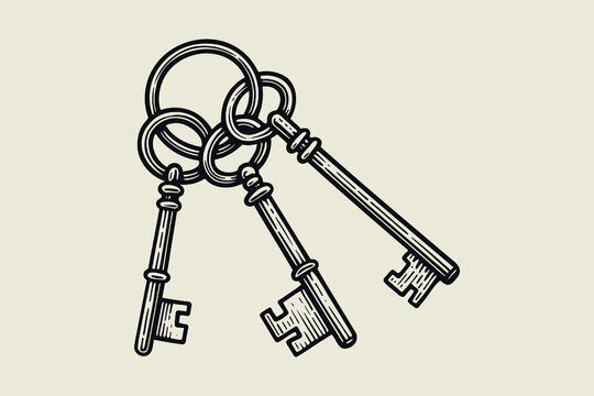 Vintage keys on ring engraving style black on white vector illustration