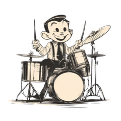 Cartoon boy with a drum set playing with enthusiasm drummer drumming music