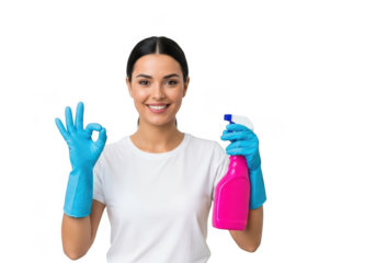 Woman with spray bottle making ok gesture isolated on transparent background