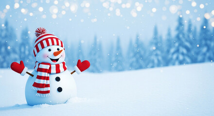 Fototapeta premium A cheerful and adorable cartoon snowman wearing a red hat and scarf stands in a beautiful snowy winter forest a perfect magical scene for a Christmas greeting