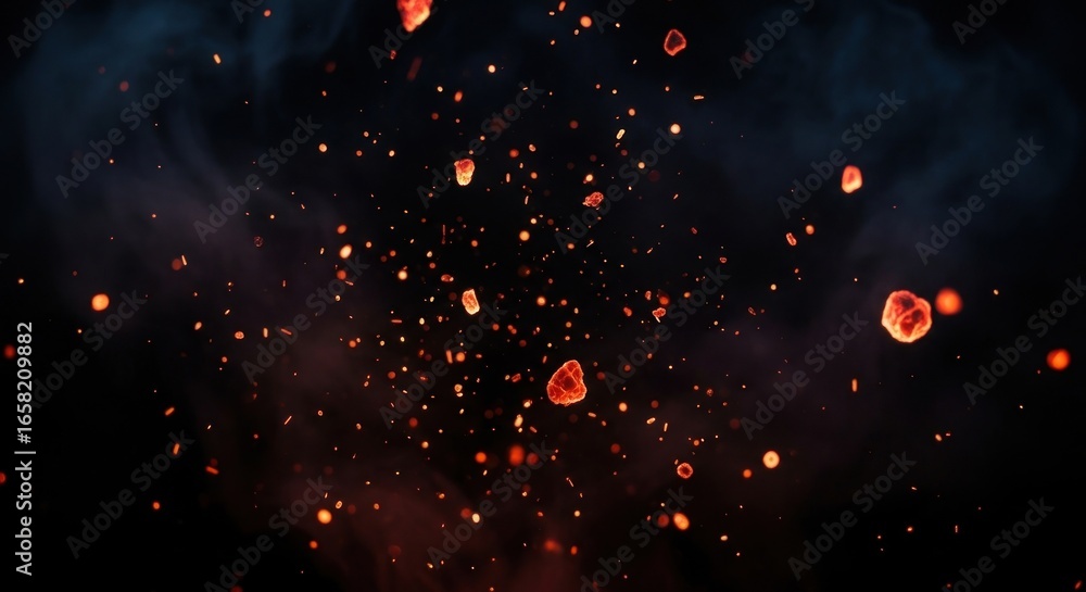Poster a dynamic display of glowing embers and sparks floating against a dark and smoky abstract background