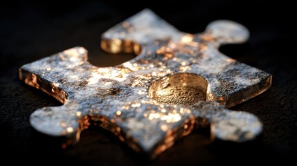 Macro close-up of a single, weathered jigsaw puzzle piece with gold flecks