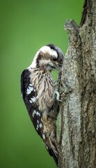Young Woodpecker Bird on Tree Trunk with Green Natural Background