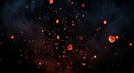 A dynamic display of glowing embers and sparks floating against a dark and smoky abstract background