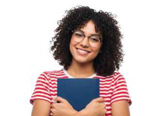 Smiling student holding book isolated on transparent background