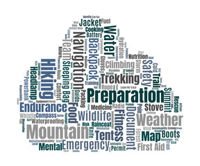 Obraz premium Hiking Checklist Word Cloud. Key Ideas For Trekkers To Prepare Gear, Ensure Safety In Outdoor Exploration.