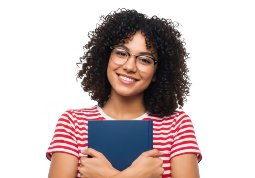 Smiling student holding book isolated on transparent background
