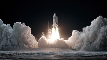 Rocket launch in the dark night with fiery plume and billowing white clouds