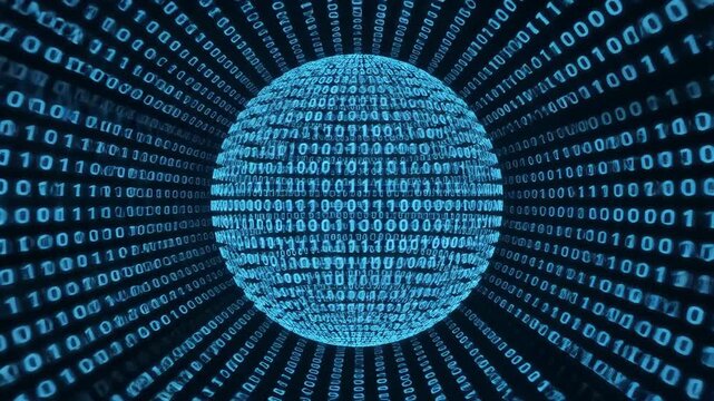Binary Code Stream Data Transmission - Abstract digital background featuring a dynamic stream of binary code flowing towards the viewer, creating a sense of depth and speed.