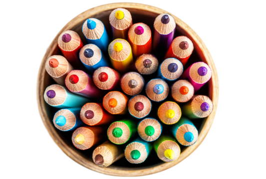 Top view of colored pencils in a round container, isolated on transparent or white background.