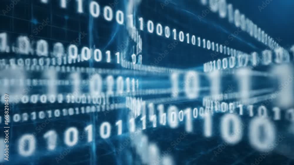 Poster digital data stream - abstract representation of binary code flowing through a digital network, visu