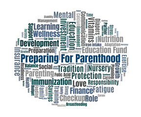 Obraz premium Preparing For Parenthood Word Cloud. Key Insights On Health, Mental, Lifestyle, Financial, And Learning Aspects To Ensure Responsible Parenthood.