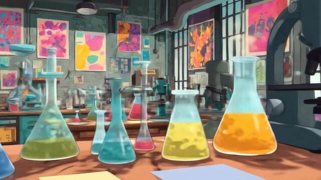 An animated science lab with colorful abstract art on the walls, lab equipment, wooden counters, flasks with various colored liquids and large windows