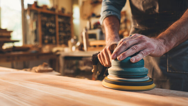 Skilled craftsman using a power sander on a wooden surface in a workshop, showcasing attention to detail and craftsmanship in woodworking and furniture making