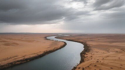 Aerial View of a River Cutting Through a Desert Landscape Under Cloudy Skies