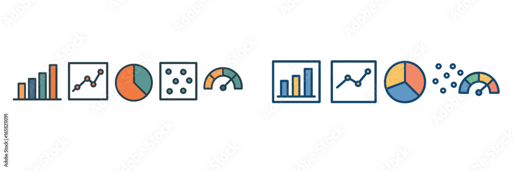 Poster colorful vector graphics showcasing various data visualization methods