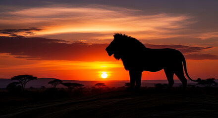 An awe-inspiring photograph that beautifully merges the power of a lion with the natural beauty of a sunset.