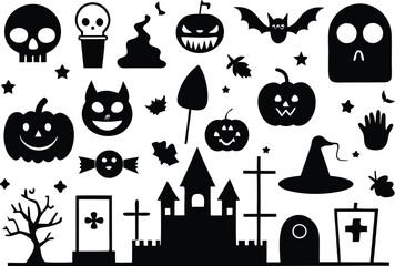 A Spooky Collection of Halloween Icons: Skulls, Pumpkins, Ghosts, and More