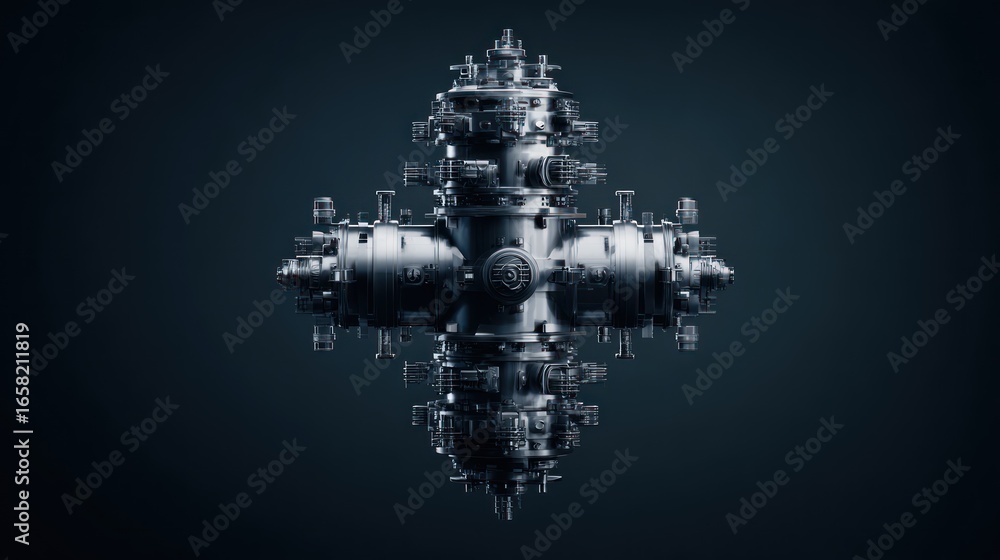 Poster complex silver fractal structure suspended in dark space, intricate details and sharp angles