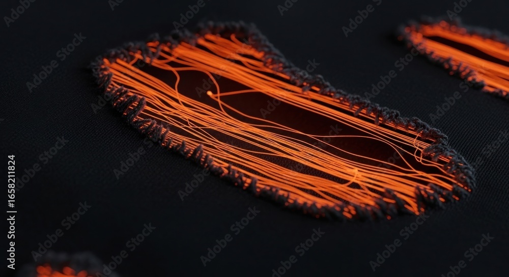 Poster abstract rendering of orange lines within a dark textured border on a dark gray background surface