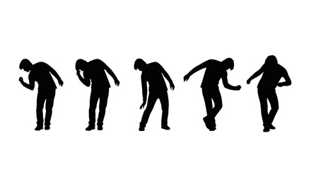 Fototapeta premium Silhouette figures of people in various dance poses against a white background.