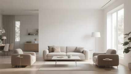 Modern minimalist living room with neutral tones and natural light