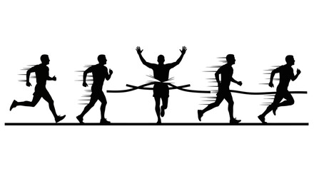 A runner triumphantly crosses the finish line, preceded and followed by fellow competitors in a dynamic race sequence.