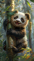 Obraz premium panda cub climbing bamboo tree with joyful expression in jungle