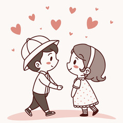 Boy and Girl with Heart - Cute Cartoon Illustration
