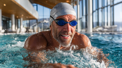 Portrait of a senior man swimming in a pool wearing a cap and goggles