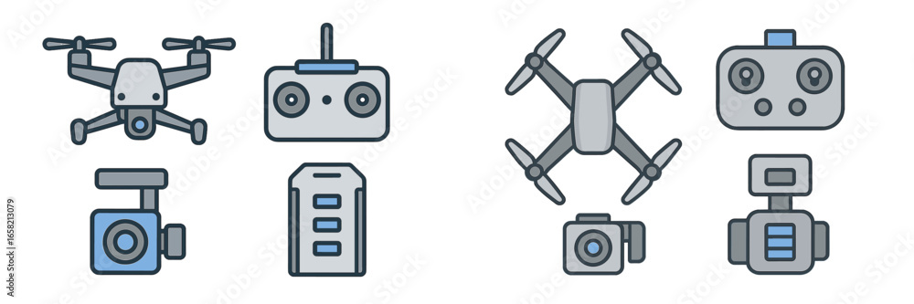Poster variety of modern drones and controllers in vector style